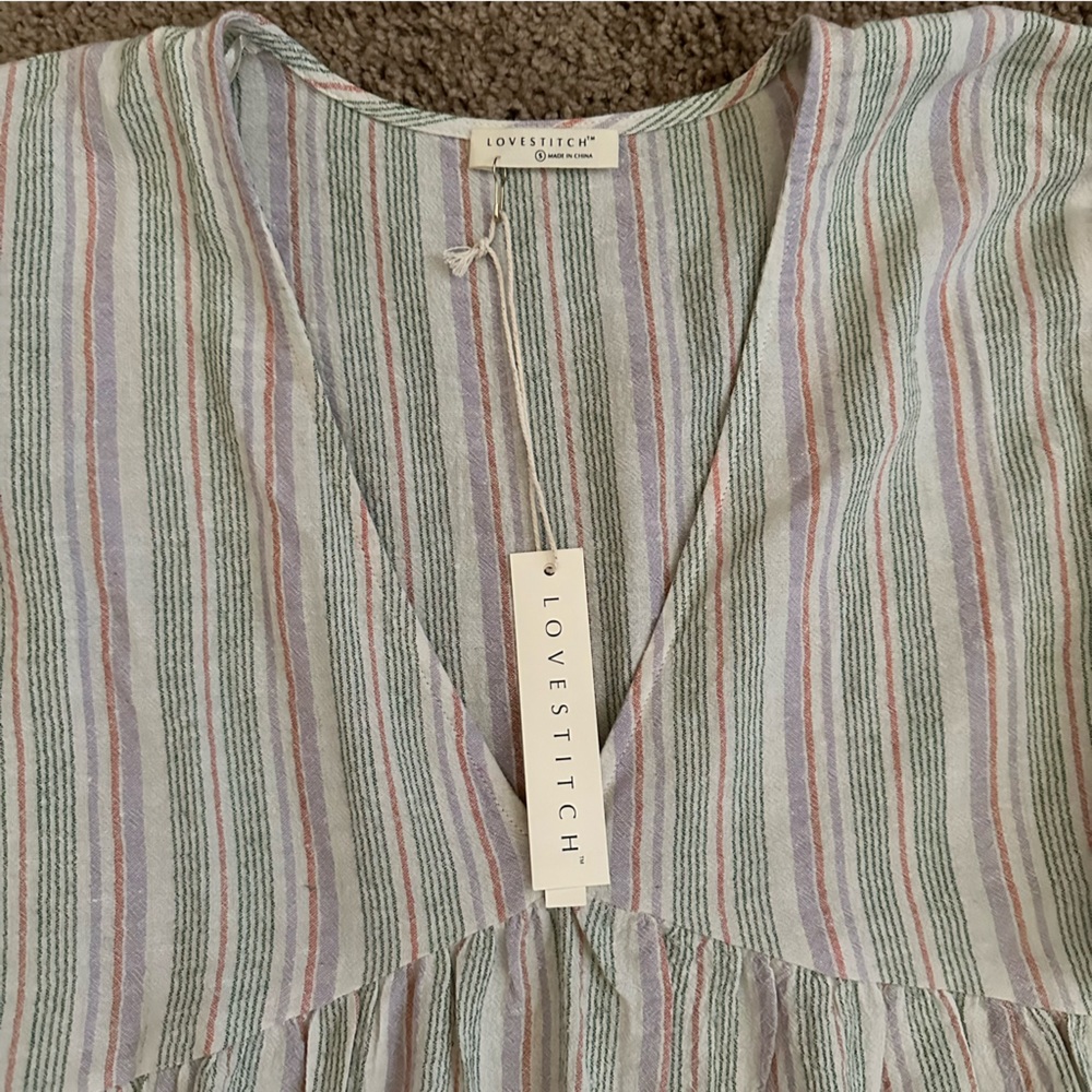 007.NWT Natural/Lilac/Green Stripe Babydoll V-Neck Dress - Picture 4 of 12